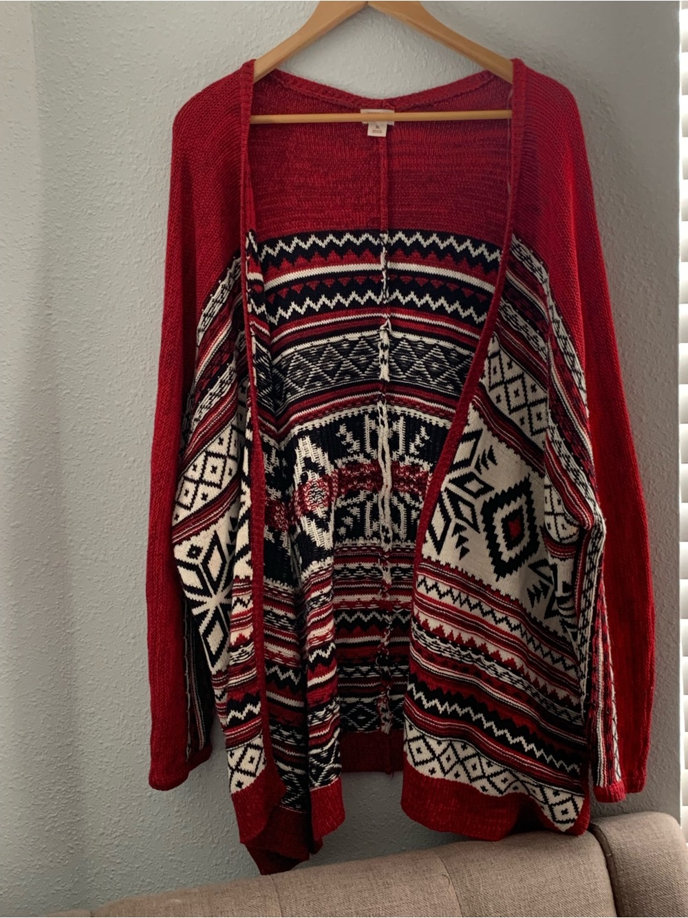 Mossimo XL Red Nordic Snowflake Waterfall Cardigan Sweater Open Front Cozy - Picture 2 of 7
